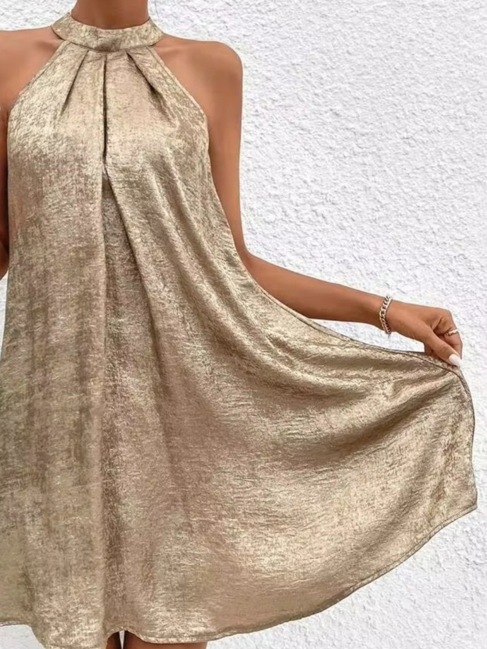 Metallic Halter Swing Dress - Gold